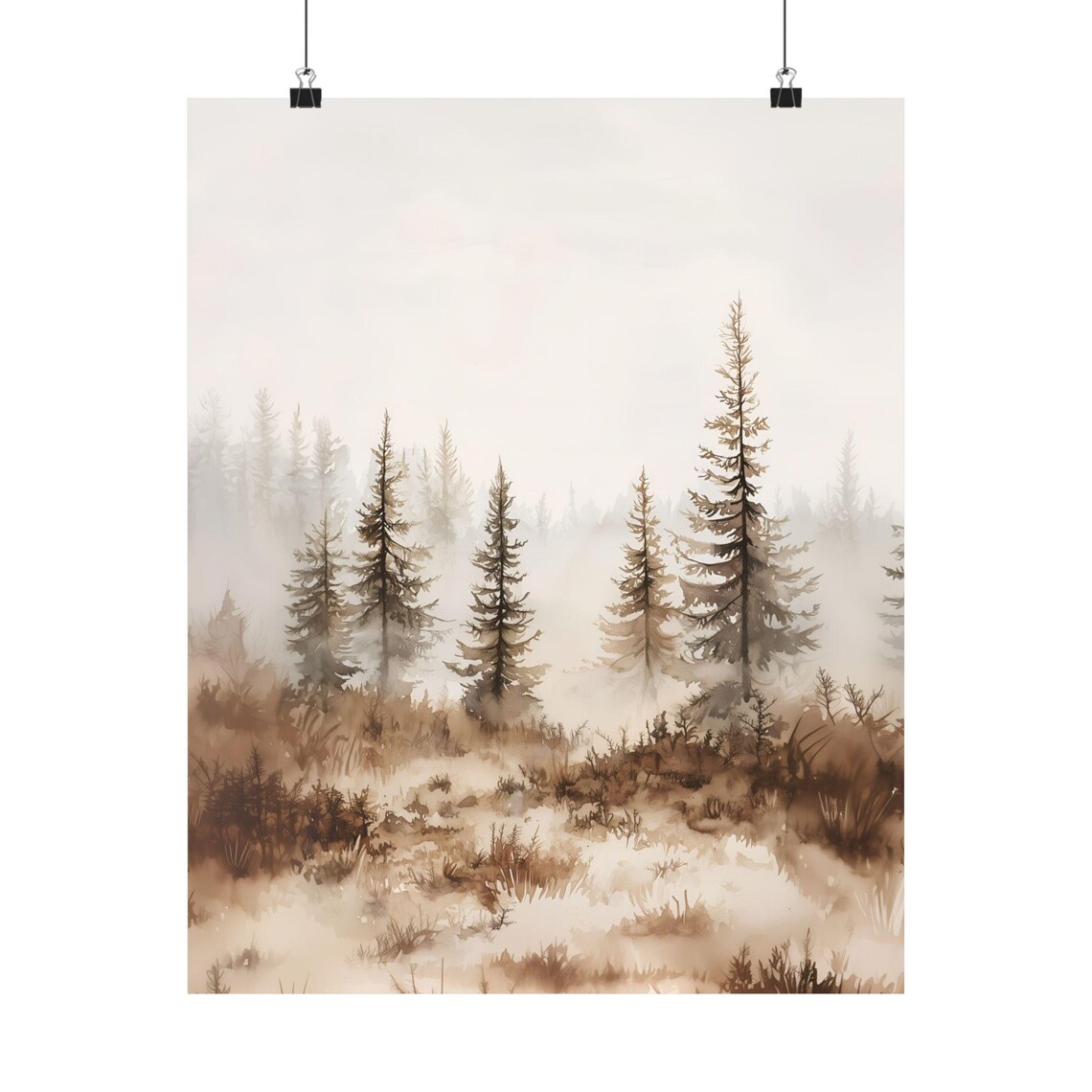 Misty Pine Forest Watercolor Sepia Foggy Woodland Landscape Art Print - Image 2