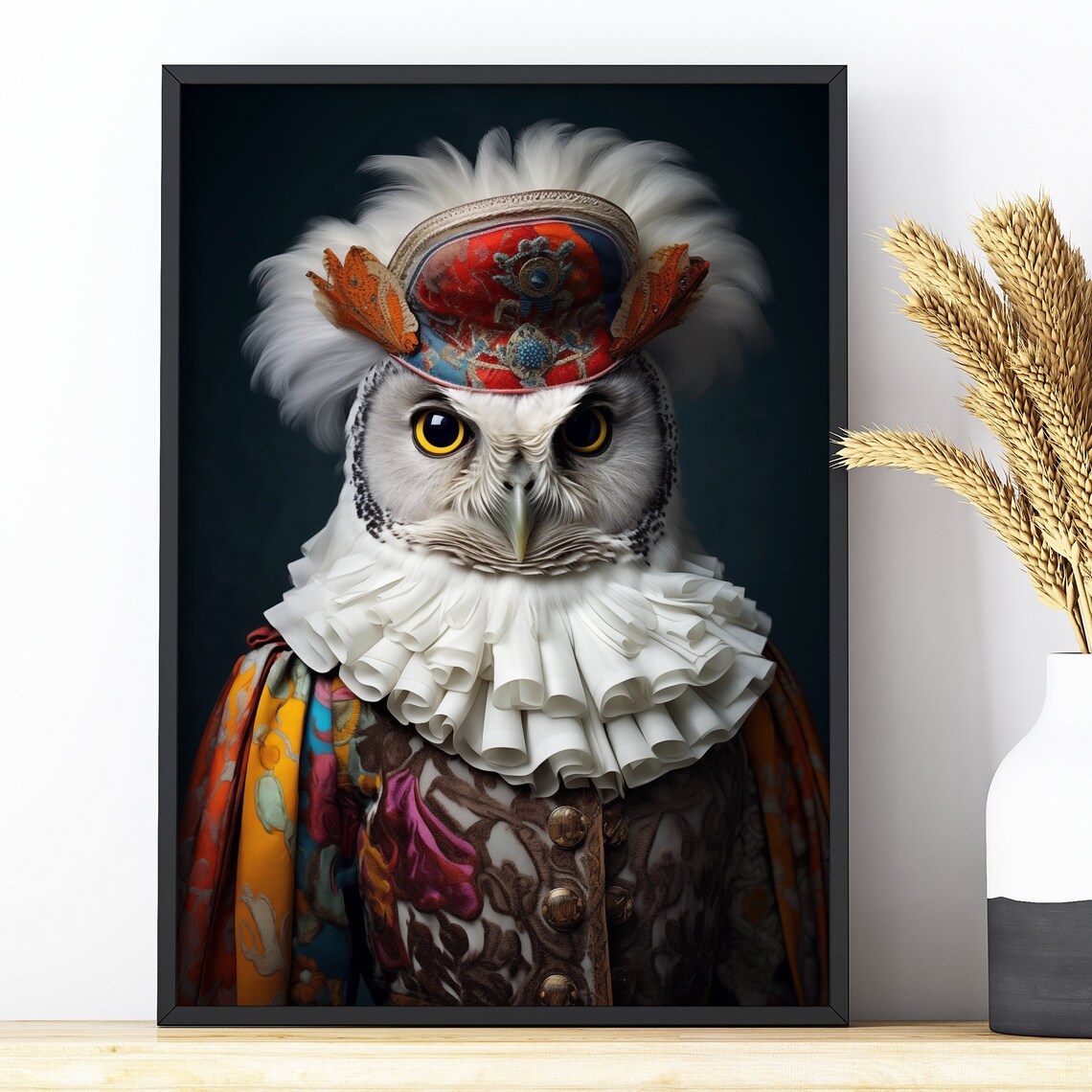 Victorian Owl Portrait In Aristocrat Ruff Collar And Brocade Hat Art Print - Image 3