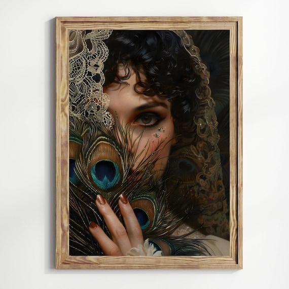 Peacock Feather Fan Victorian Art Poster Print Moody Painting Vintage Woman Print Victorian Decor Wallart Dark Moody Pearls Art Print