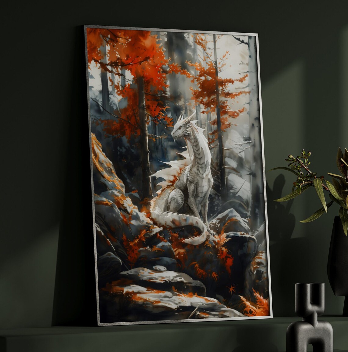 Forest White Dragon Watercolor Poster, Dark Academia