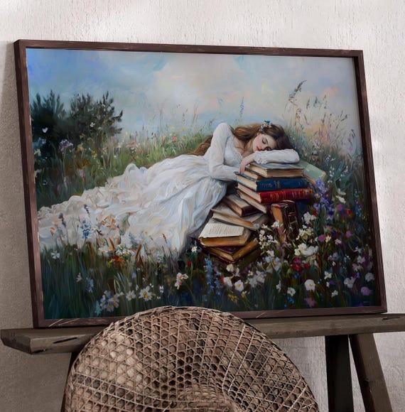 Bookish Victorian Decor Art Print Red Hair Girl And Books Wildflowers Dark Academia Book Lovers Art Library Art Bookish Wall Art
