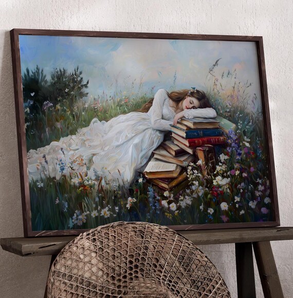 Red Haired Girl Sleeping On Books Wildflower Meadow Dreamy Bookish Poster