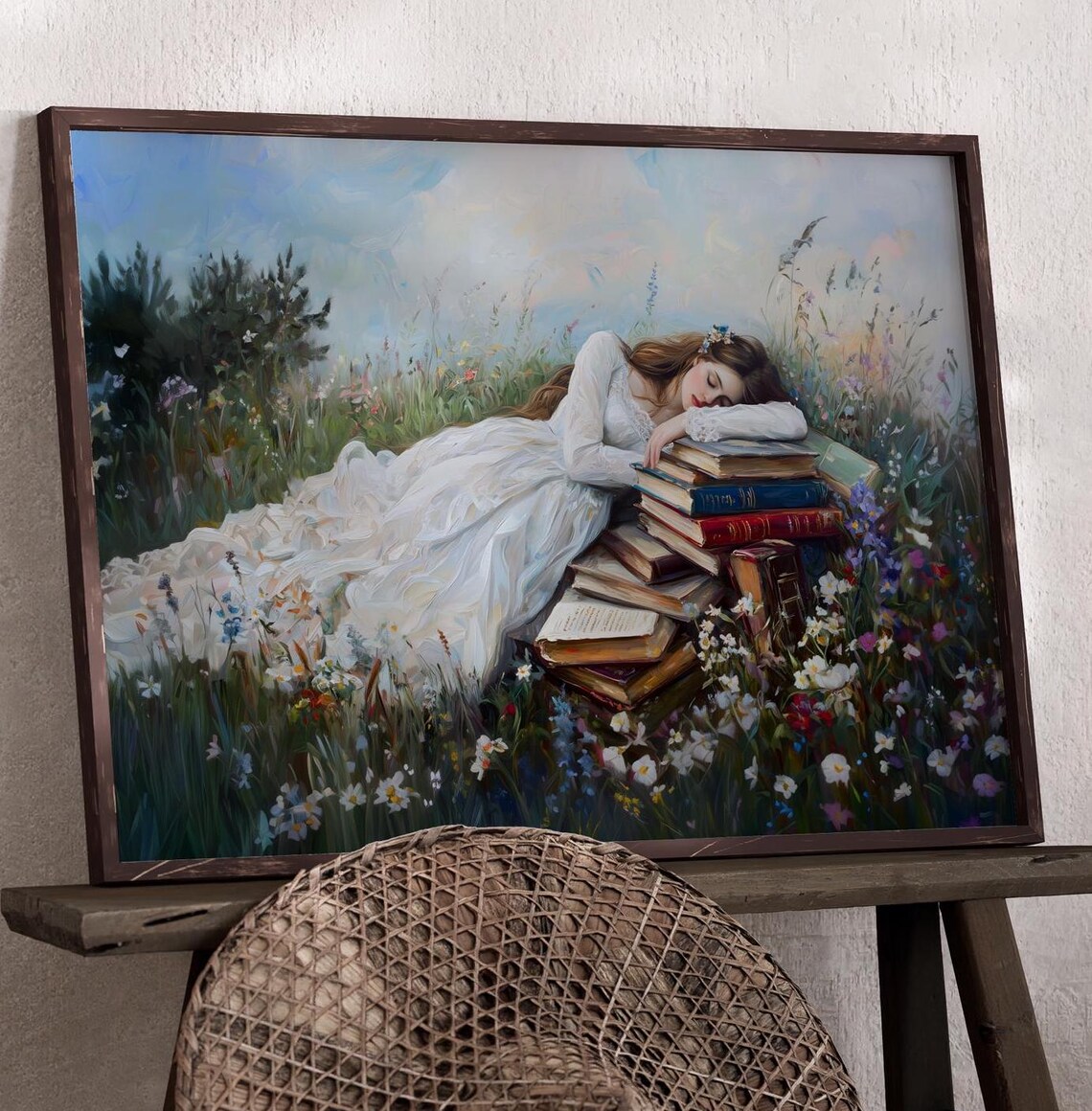 Red Haired Girl Sleeping On Books Wildflower Meadow Dreamy Bookish Poster