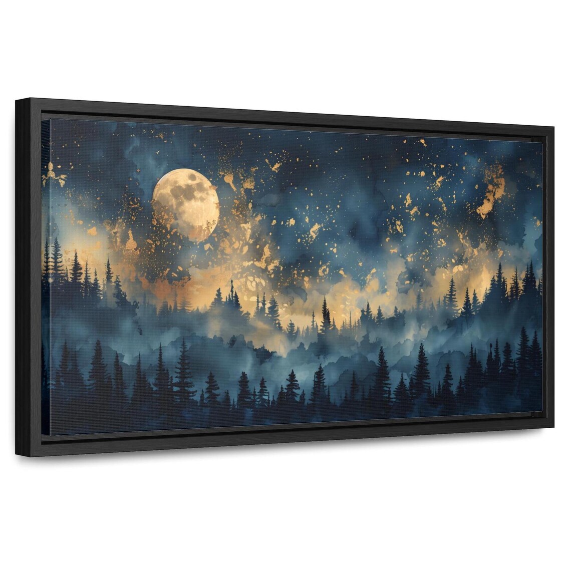 Starry Night Gallery Wraps Horizontal Frame Celestial Wall Art Moody Dark Abstract Night Sky Stars Decor Blue Gold Moody Bedroom