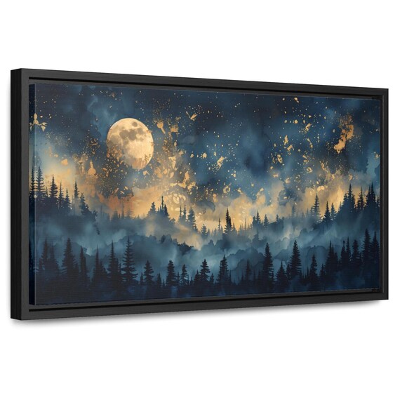 Full Moon Over Misty Pine Forest Blue Gold Celestial Night Poster
