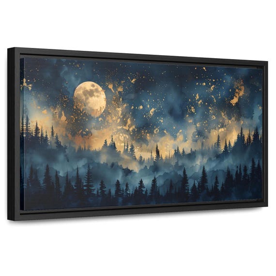 Starry Night Gallery Wraps Horizontal Frame Celestial Wall Art Moody Dark Abstract Night Sky Stars Decor Blue Gold Moody Bedroom