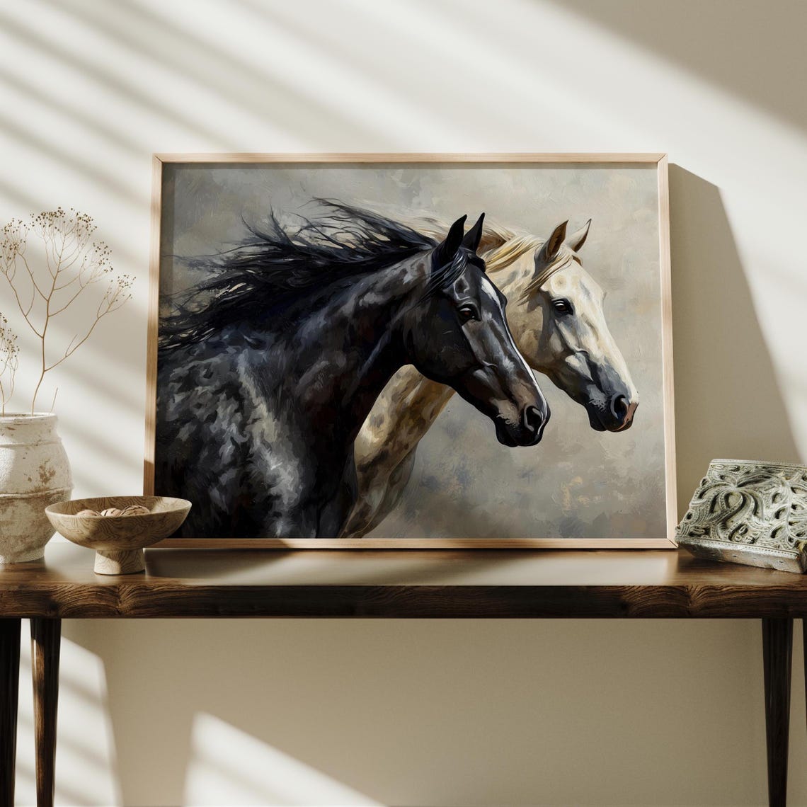 Black And White Horses Running Windswept Mane Equestrian Art Print