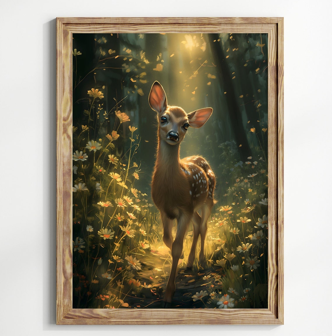 Fawn Baby Deer Sunlit Forest Wildflowers Golden Light Wall Art - Image 2