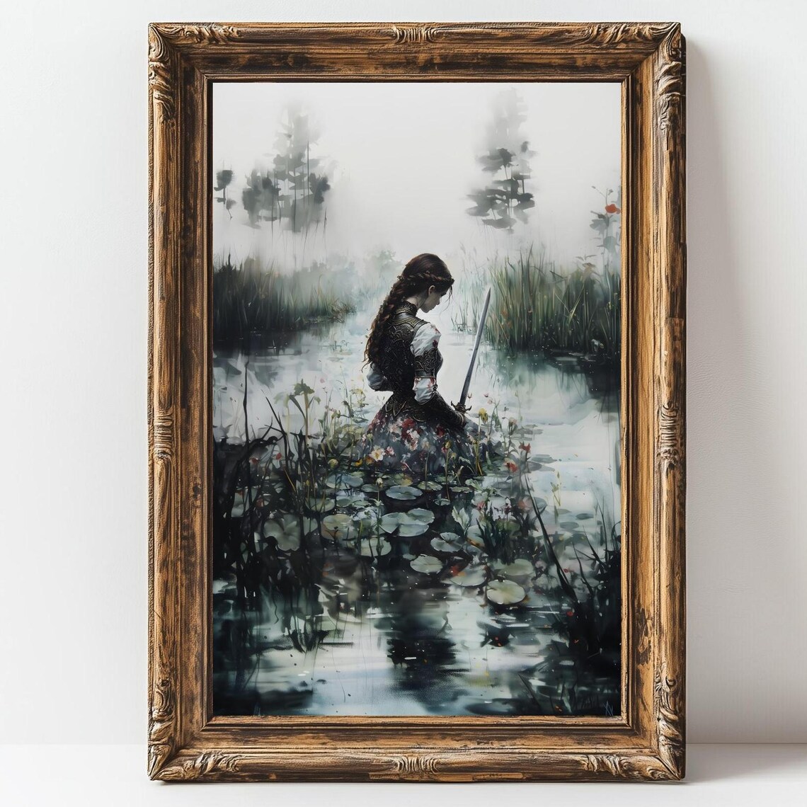 Swordswoman Standing In Misty Lily Pond Lady Of The Lake Fantasy Art Poster - Image 3