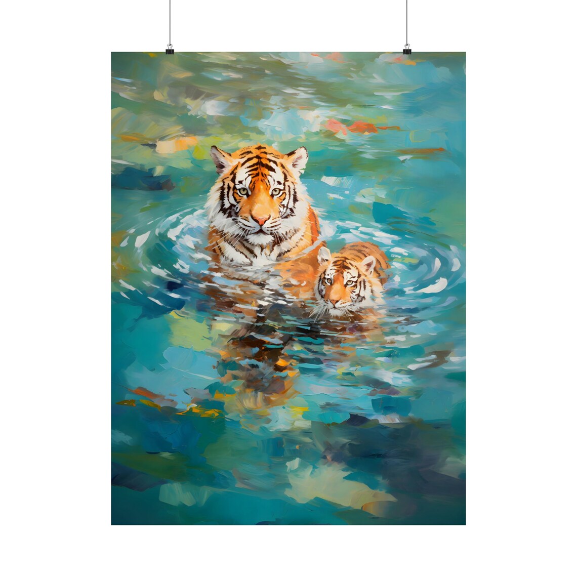 Two Tigers Swimming in Turquoise Water Wildlife Oil Painting Poster - Image 2