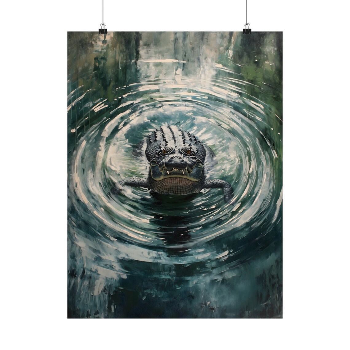 Alligator In Swirling Dark Water Moody Wildlife Oil Painting Nature Art Poster - Image 2