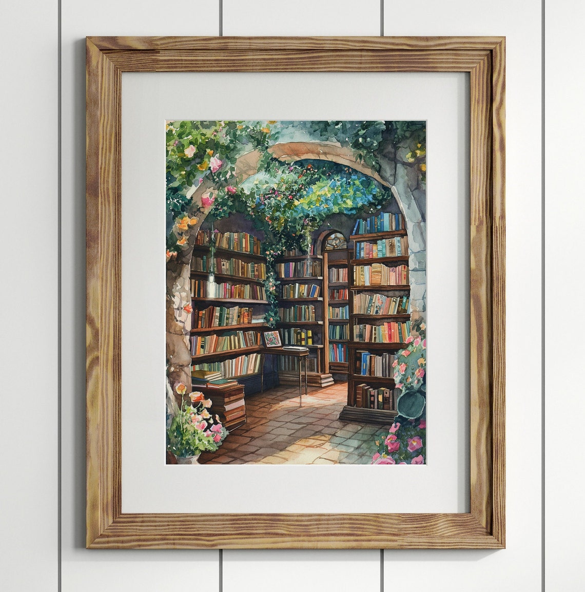 Sunlit Stone Arch Bookshop with Shelves and Flowers Library Poster - Image 3