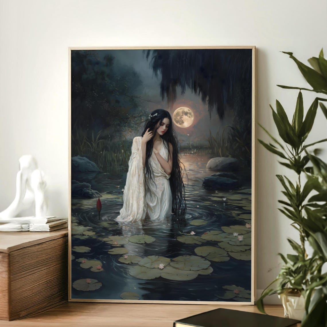 Woman Wading in Moonlit Lily Pond White Gown Fantasy Night Poster - Image 3