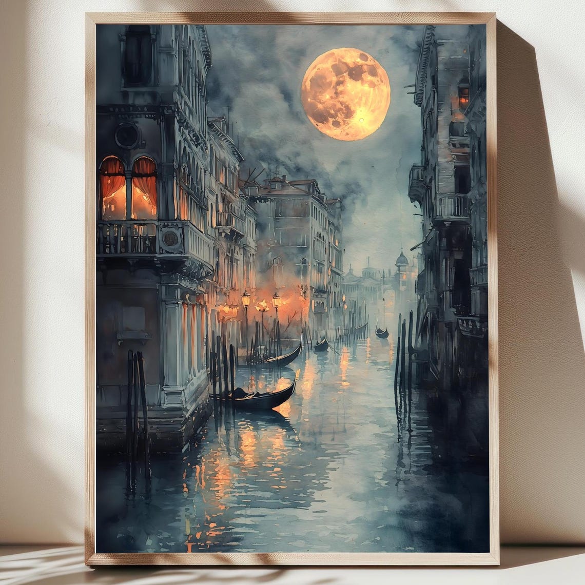 Venice Italy Full Moon Rising Over Grand Canal Gondolas Night Poster