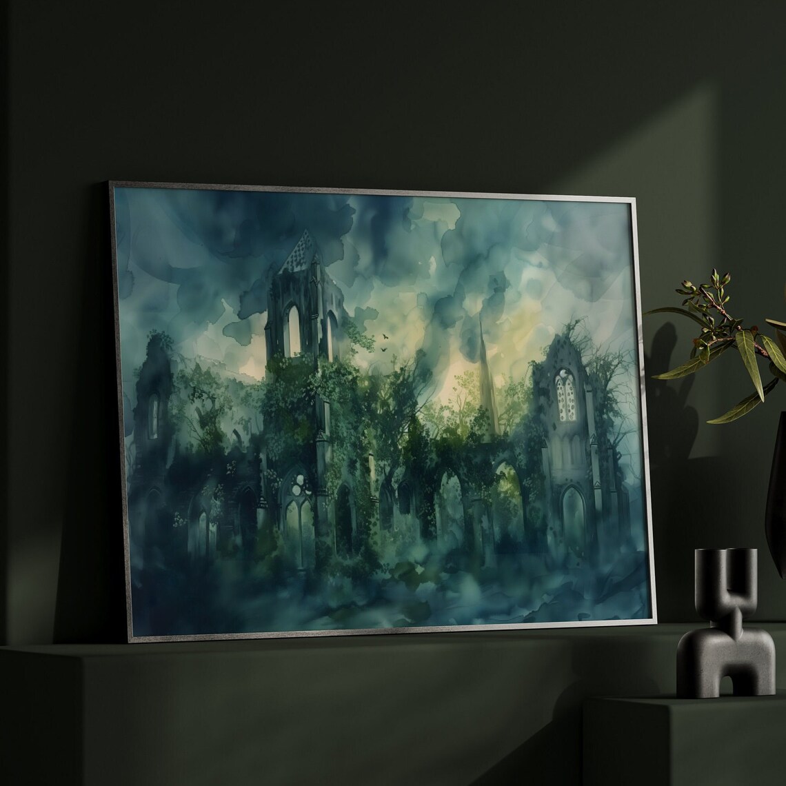 Abandoned Church Ruins Overgrown With Ivy Stormy Sky Watercolor Poster - Image 2