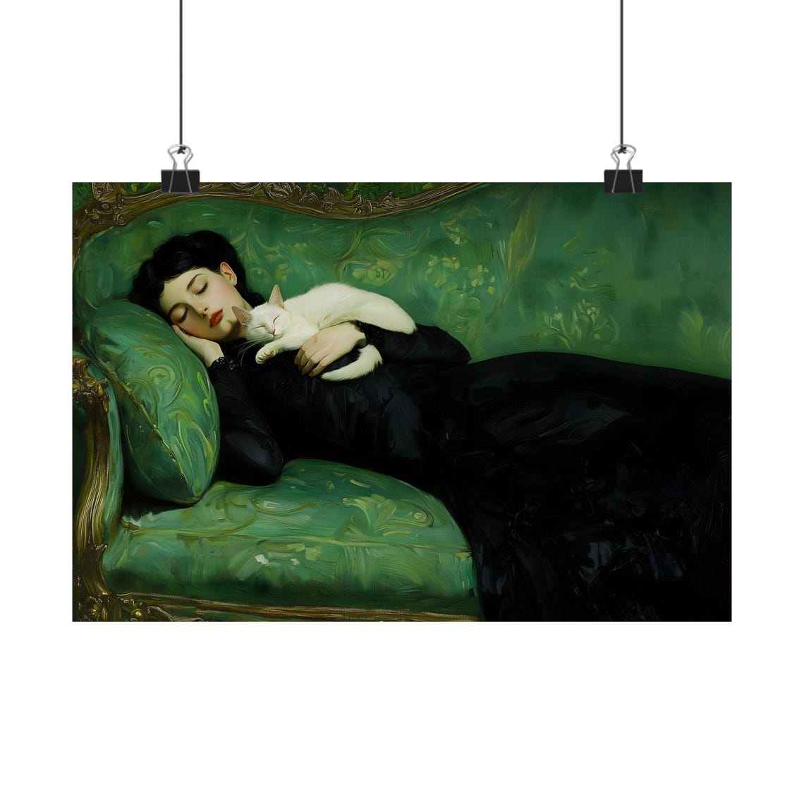 Woman Resting with White Cat on Green Velvet Couch Vintage Poster - Image 2