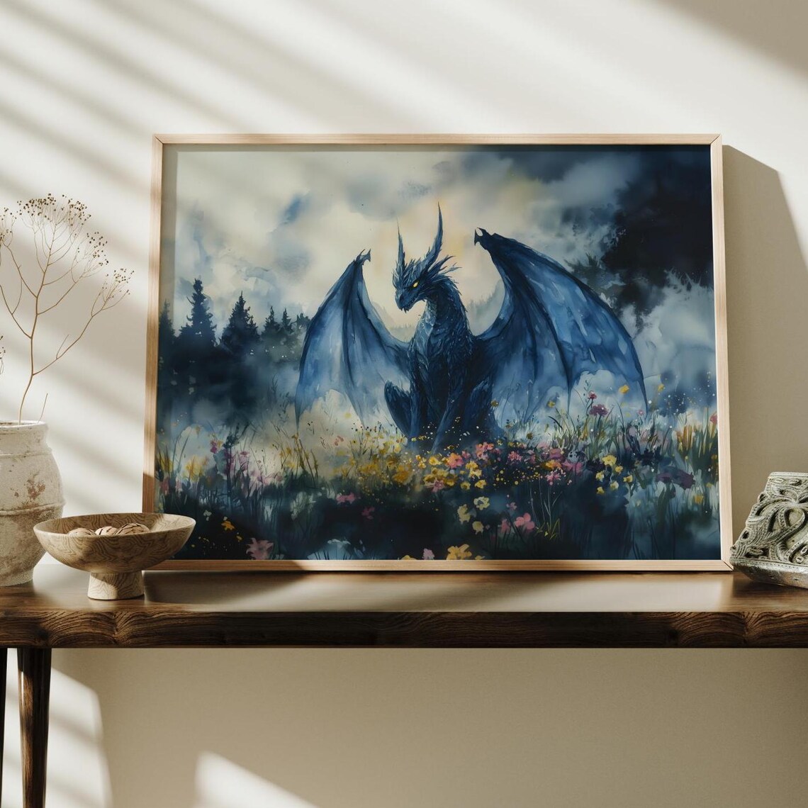 Blue Dragon with Spread Wings Over Wildflower Meadow Fantasy Poster