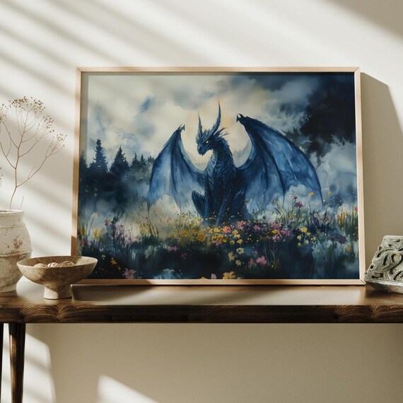 Dragon Watercolor Art Horizontal Poster Print Fantasy Art Forest And A Dragon Fantasy Painting Watercolor Illustration Dark Academia