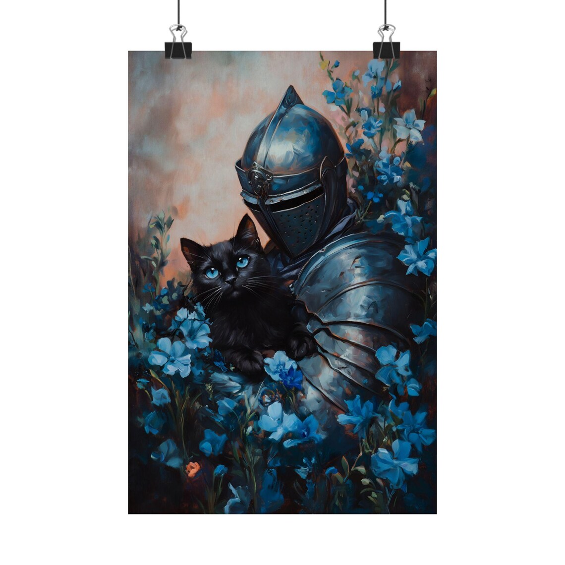 Knight In Armor With Black Cat Blue Flowers Fantasy Pet Portrait Oil Painting Print - Image 2