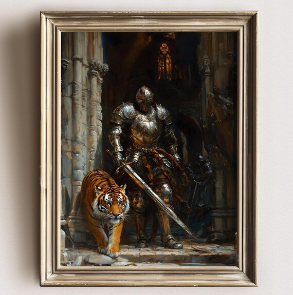 Medieval Knight With A Tiger Art Print Knightcore Fantasy Art Fantasy Maximalist Decor Dark Academia Print Goth Moody Victorian Wall Art