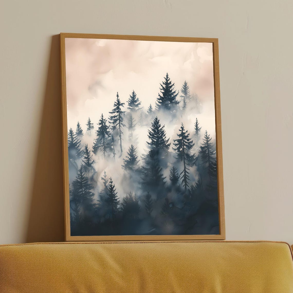 Moody Navy Blue Misty Pine Forest Fog Watercolor Dark Forest Art Print