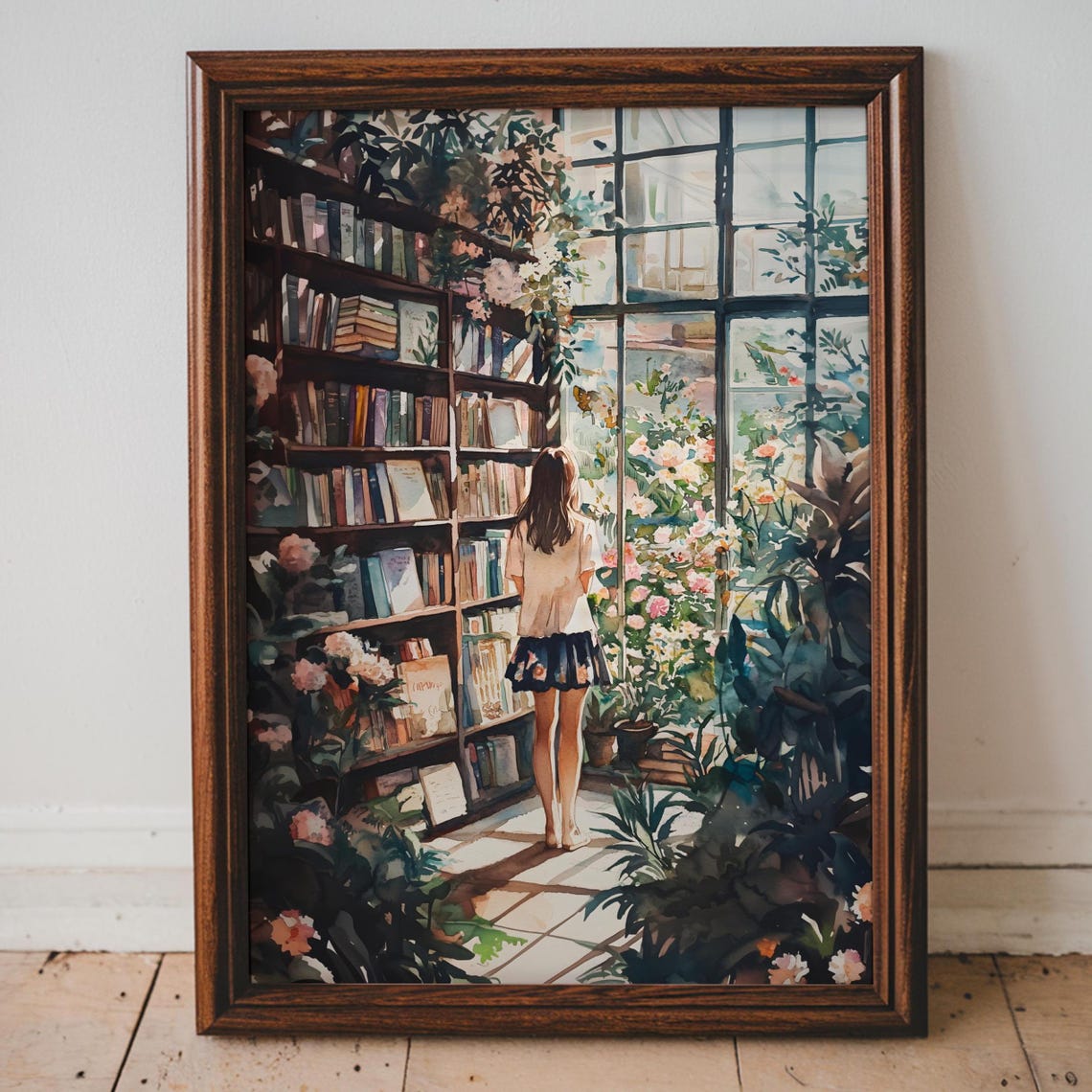 Anime Girl Library Greenhouse Window Pink Blossoms Art Poster