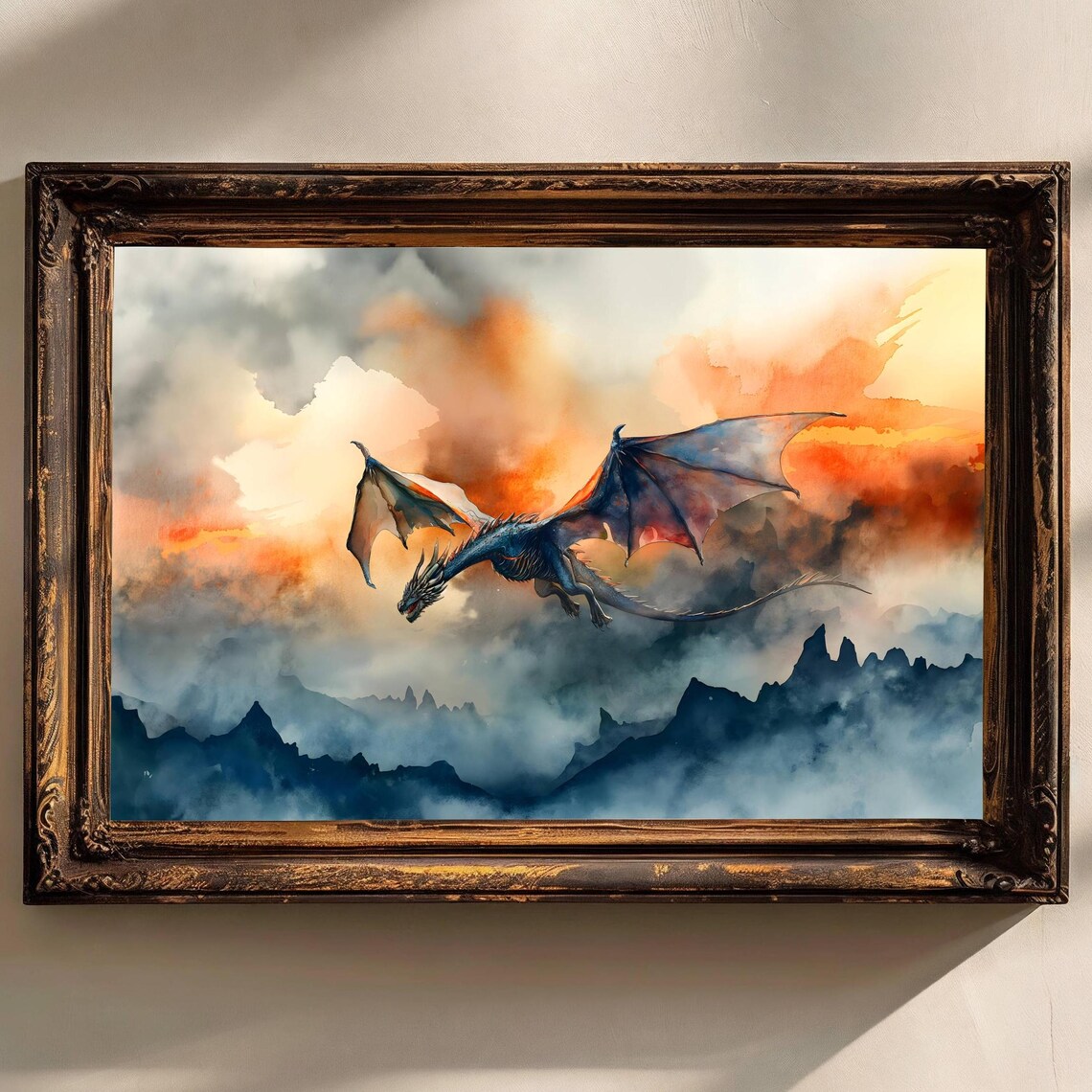 Mystic Dragon Watercolor Art Print, Dark Academia