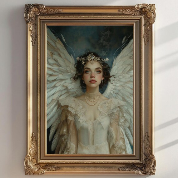 Wings Victorian Art Angel Print Moody Painting Vintage Woman Print Victorian Decor Wall Art Dark Moody Antique Art Print Lace Pearls