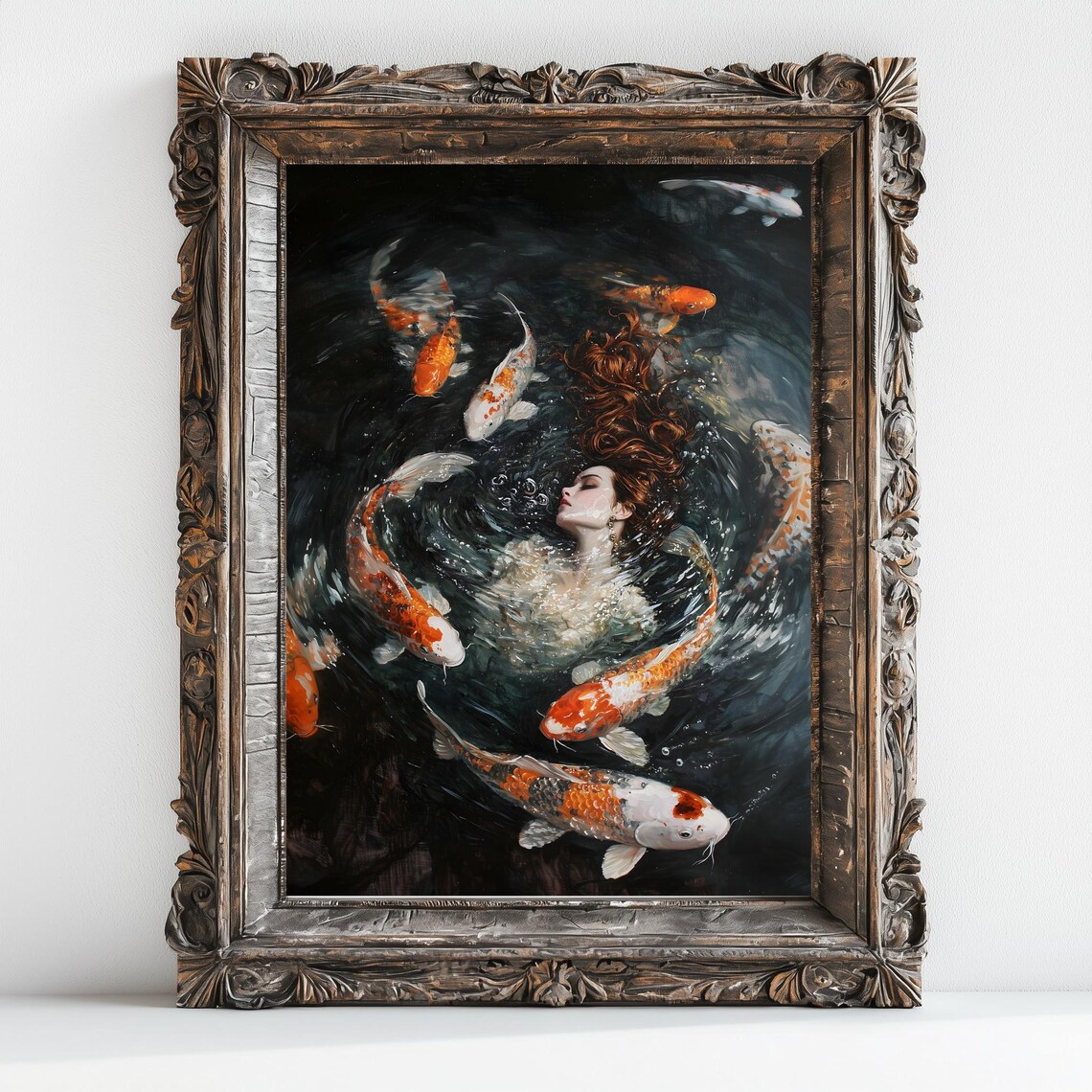 Red Haired Woman Floating Among Koi Fish Dark Water Moody Oil Painting Poster - Image 2