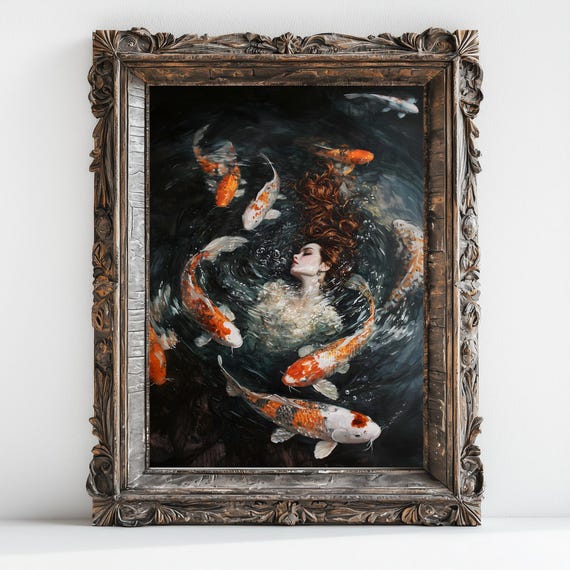 Swimming With Kois Dark Academia Print The Lake Goth Moody Victorian Wall Art Dark Decor Aesthetic Dark Cottagecore Gothic Prints