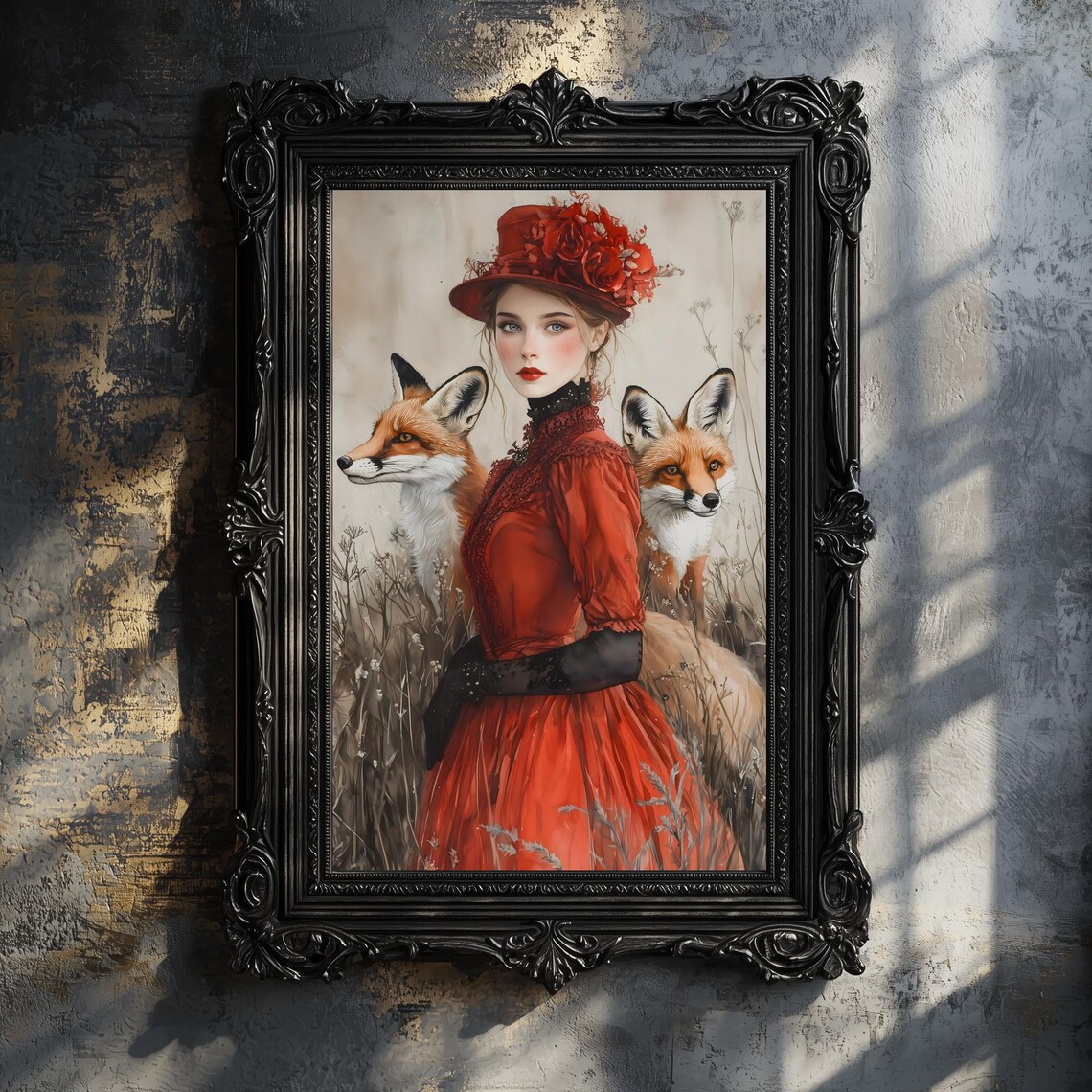 Victorian Woman Red Dress Hat Two Foxes Field Vintage Painting Poster - Image 2