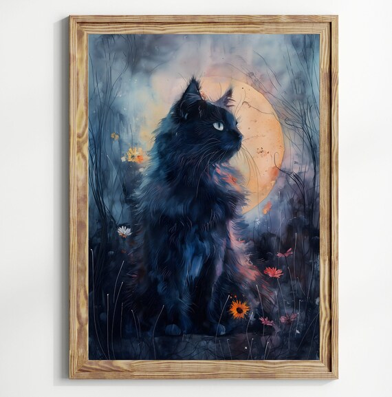 Moody Cat Moon Dark Academia Print Moody Victorian Wall Art Dark Decor Aesthetic Dark Witchy Art Gothic Prints Black Cat