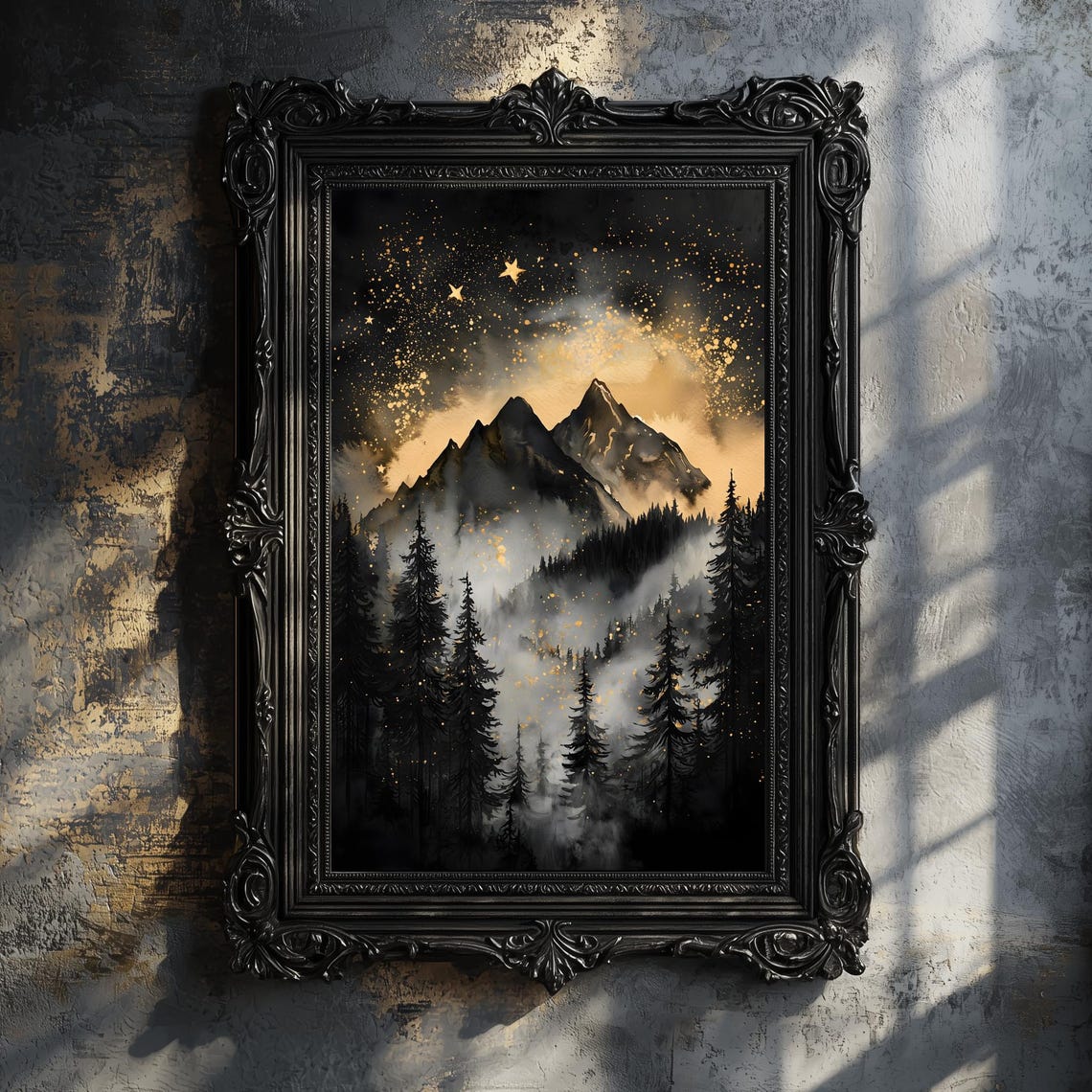 Moody Starry Night Sky Gold Mountains Pine Forest Silhouette Wall Art - Image 2