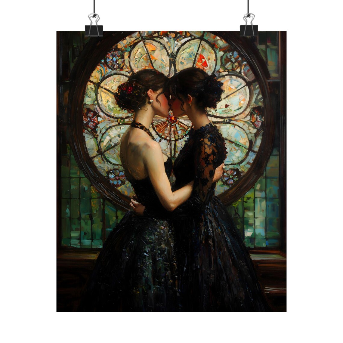 Two Women Kissing Before Stained Glass Rose Window Gothic Romance Poster - Image 2