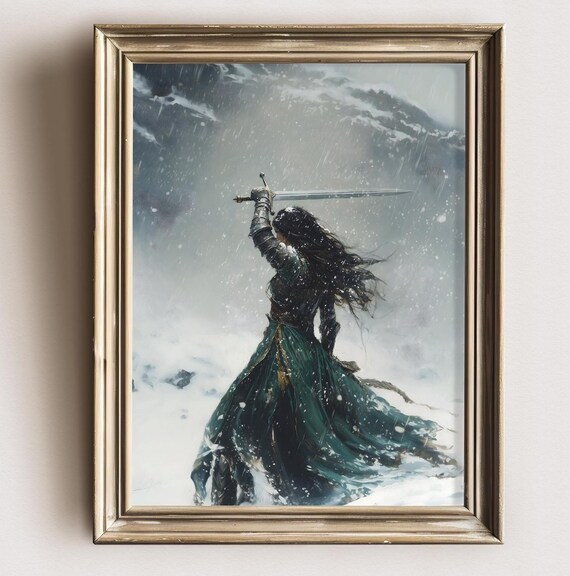 Female Knight Winter Decor Dark Academia Print Snow Goth Moody Victorian Wall Art Dark Decor Aesthetic Woman With Sword Print