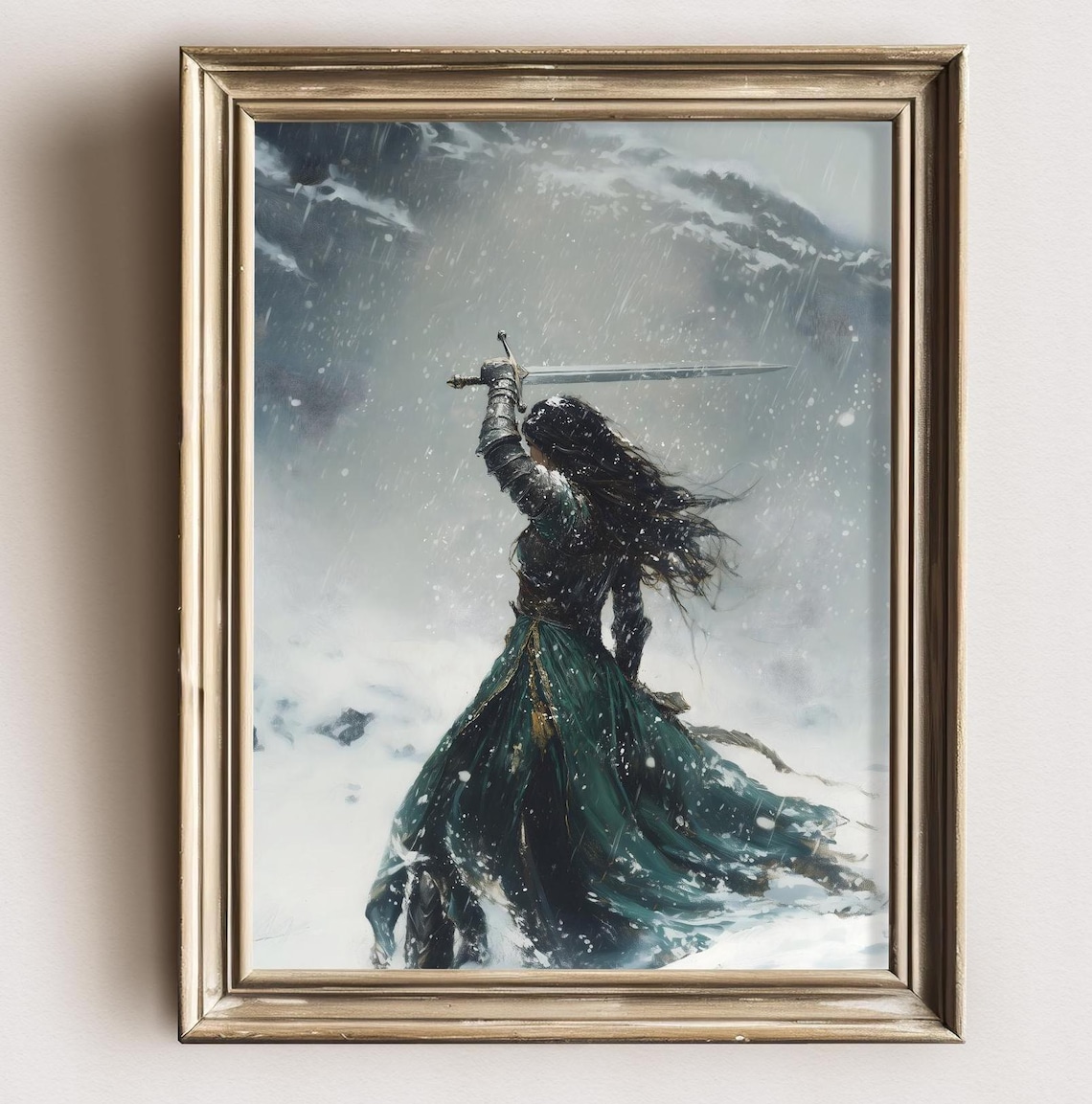 Female Knight Raising Sword Overhead Snowstorm Mountain Winter Poster
