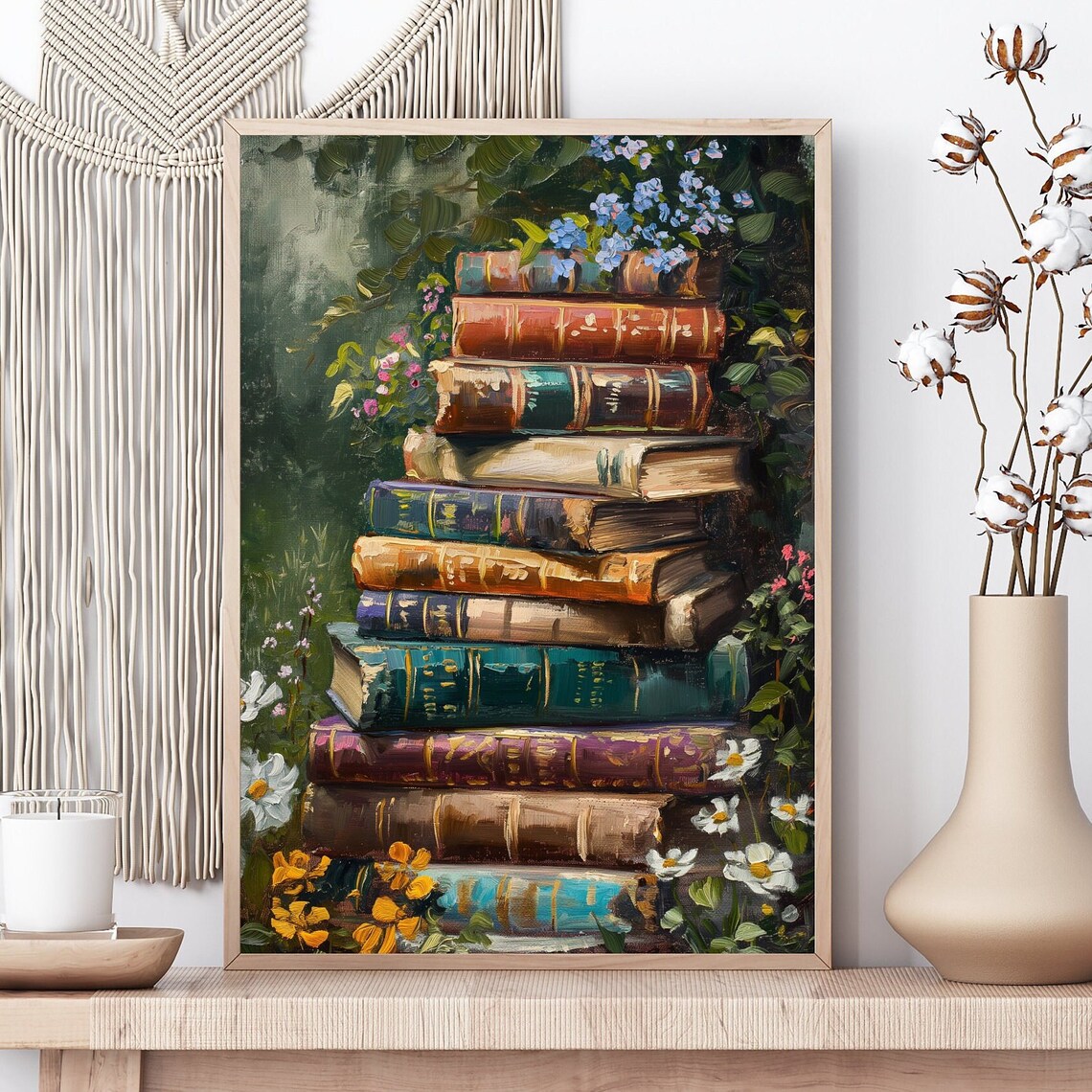 Stack Vintage Books Wildflowers Garden Cottagecore Oil Painting Poster - Image 2