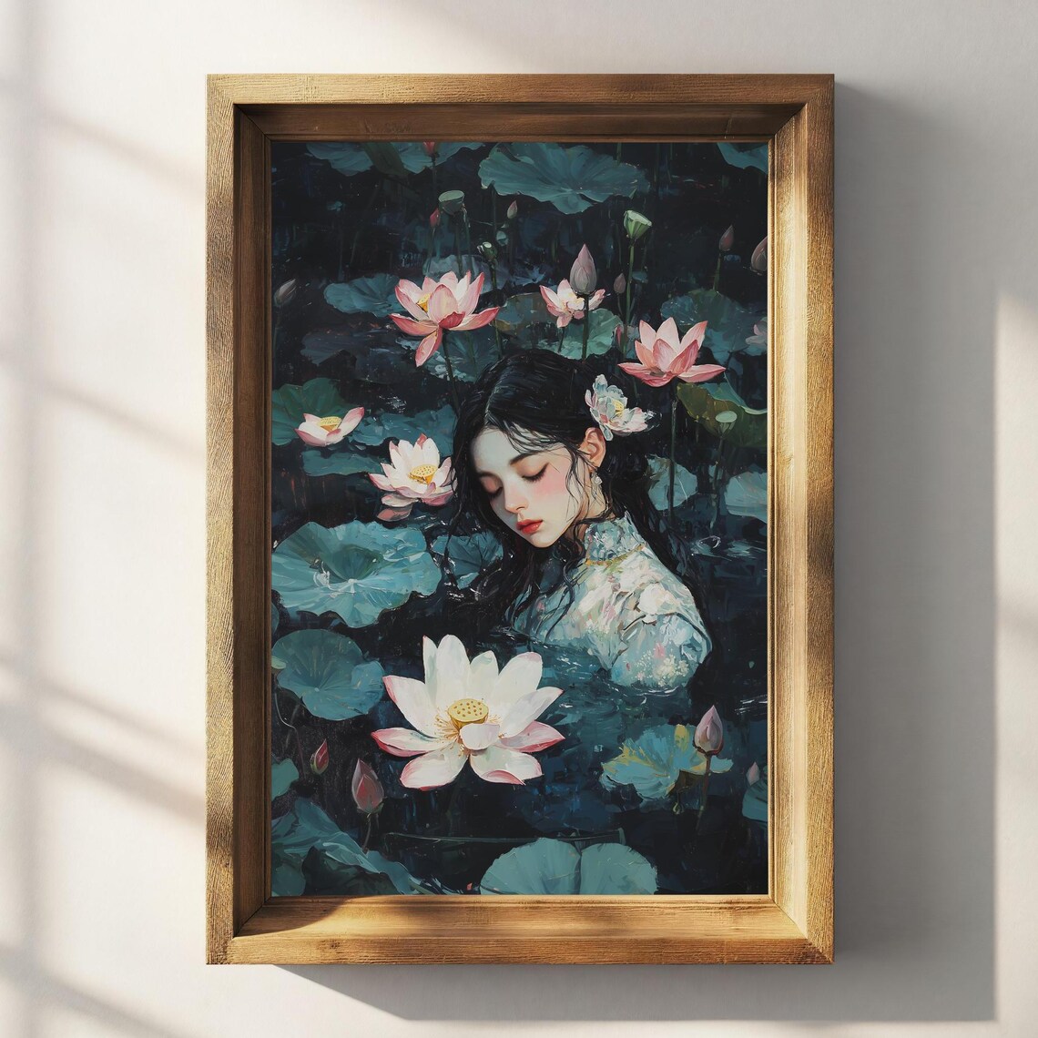 Asian Ophelia Among Pink Lotus Blossoms Dark Pond Night Painting Art Print - Image 3