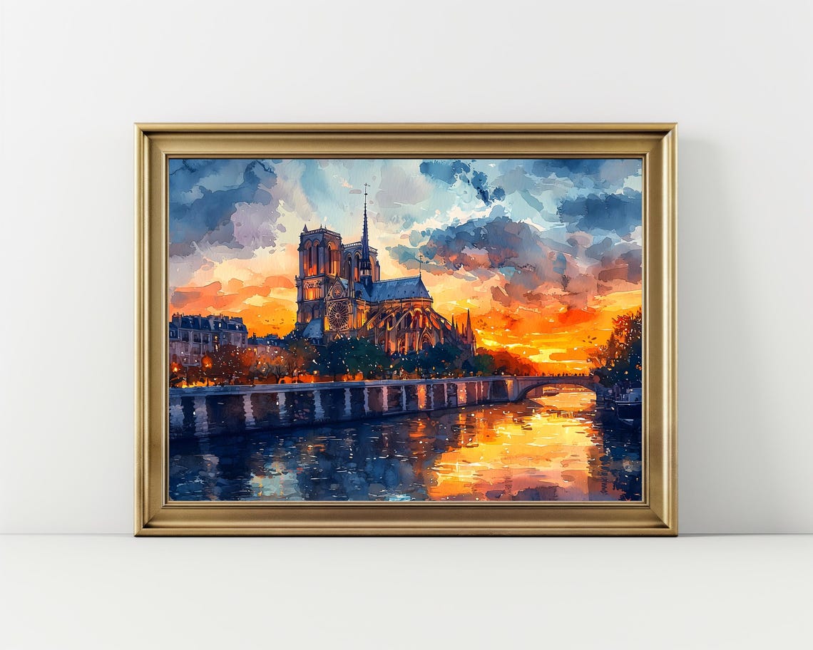 Notre Dame Cathedral Paris Sunset Seine River Watercolor Print - Image 2