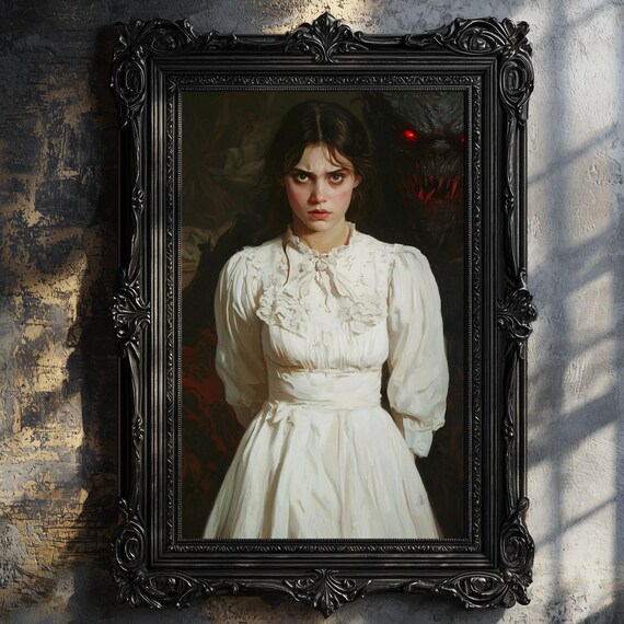 Gothic Girl White Dress Red Eyed Demon Dark Spooky Portrait Print
