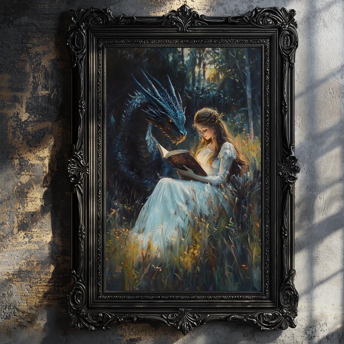 Dragon Bookish Victorian Reading Woman Art Print
