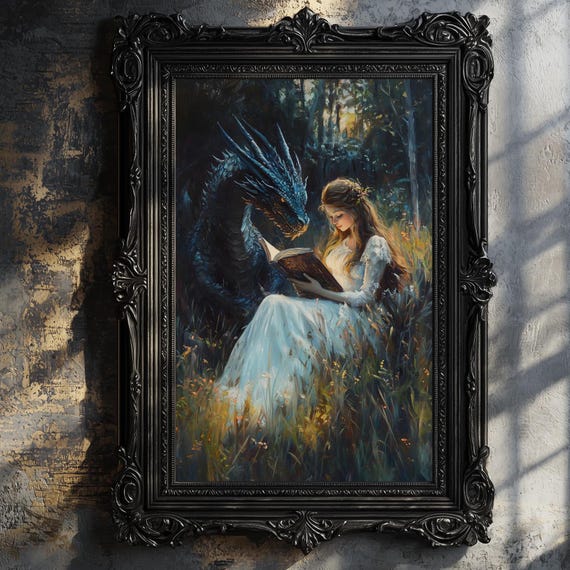 Dragon Bookish Victorian Reading Woman Art Print