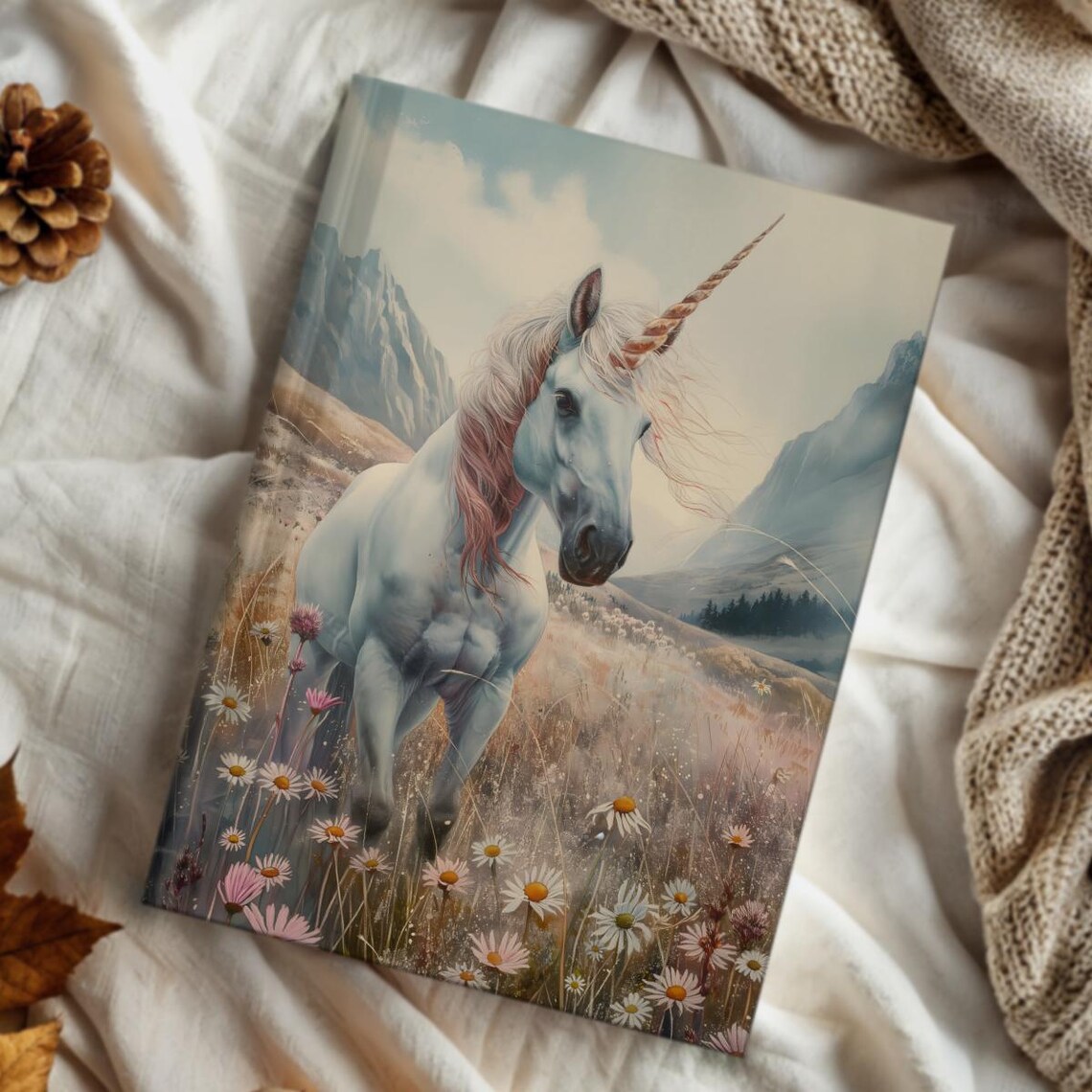 Whimsical White Unicorn In Wildflower Mountain Meadow Hardcover Journal