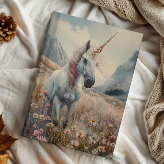 Whimsical White Unicorn In Wildflower Mountain Meadow Hardcover Journal