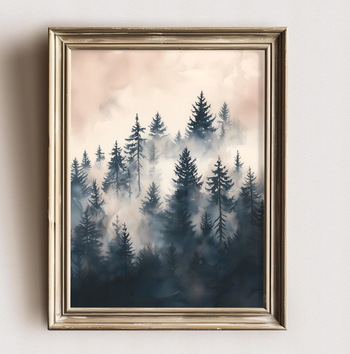 Pine Tree Forest, Vintage Foggy Winter Landscape Art Print