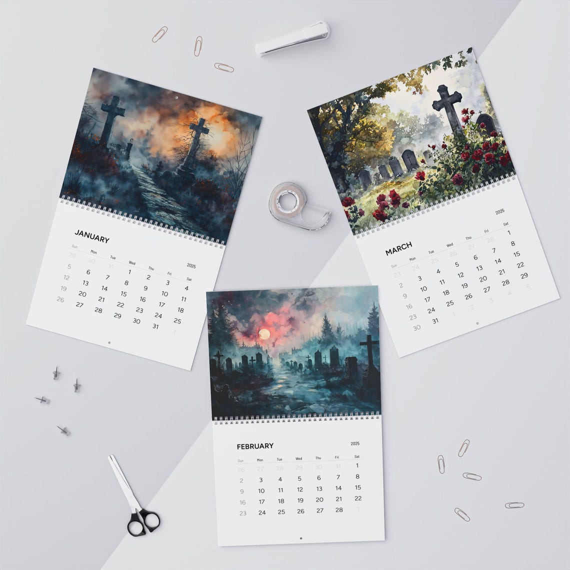 2025 Gothic Graveyards Art Calendar Wall Calendar Vintage Gothic Calendar Goth Gift Goth Office Planner Holiday Gift Goth Stationery - Image 2