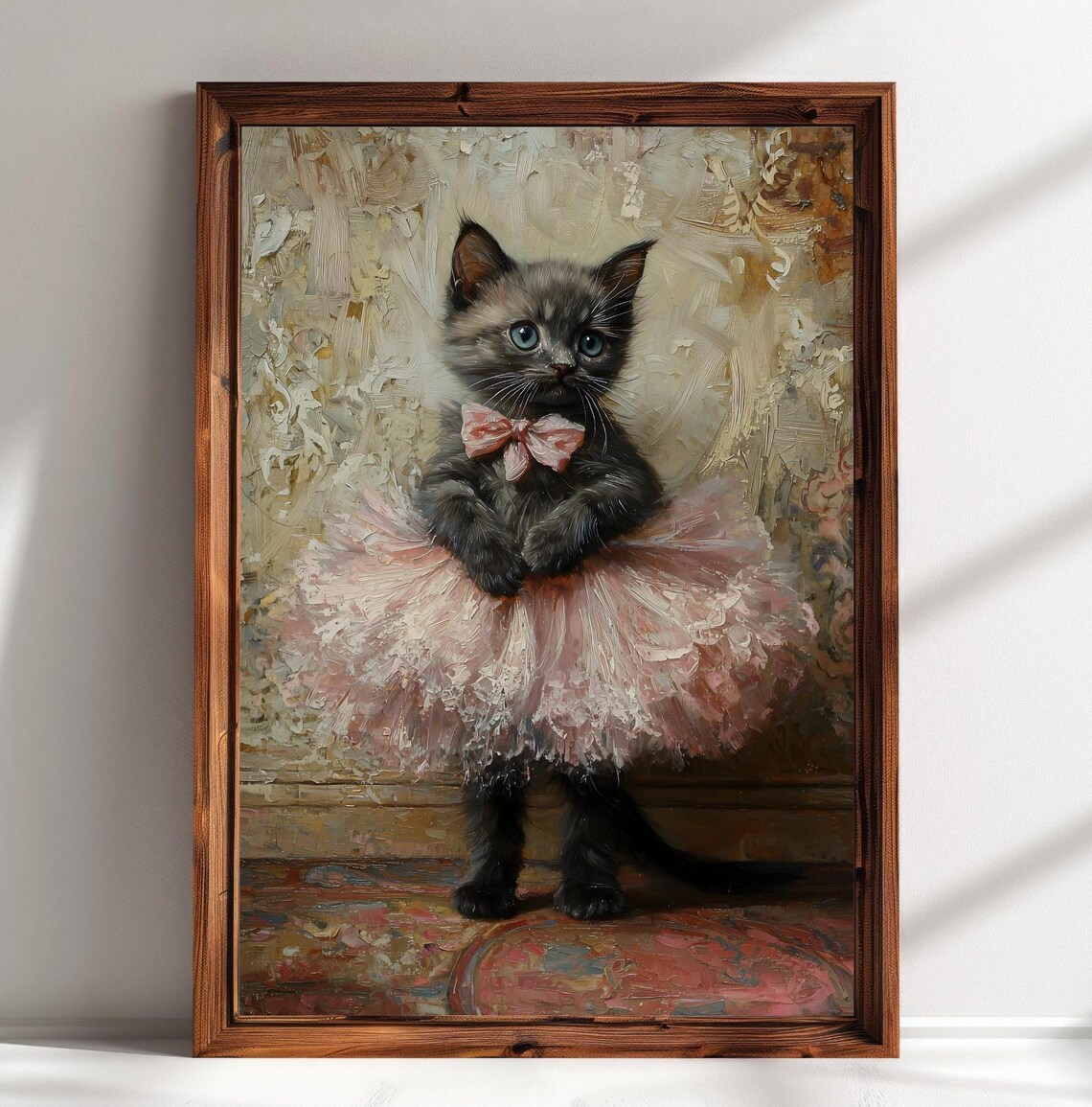 Black Kitten Pink Tutu Bowtie Ballerina Cat Vintage Oil Painting Print - Image 2