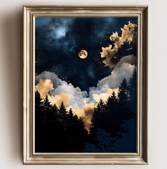 Celestial Wall Art Print Moody Dark Abstract Night Sky Stars Print Academia Decor Blue Gold Maximalist Moody Bedroom Print