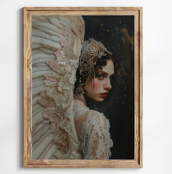 White Winged Angel Woman Lace Gown Pearl Headdress Dark Art Poster