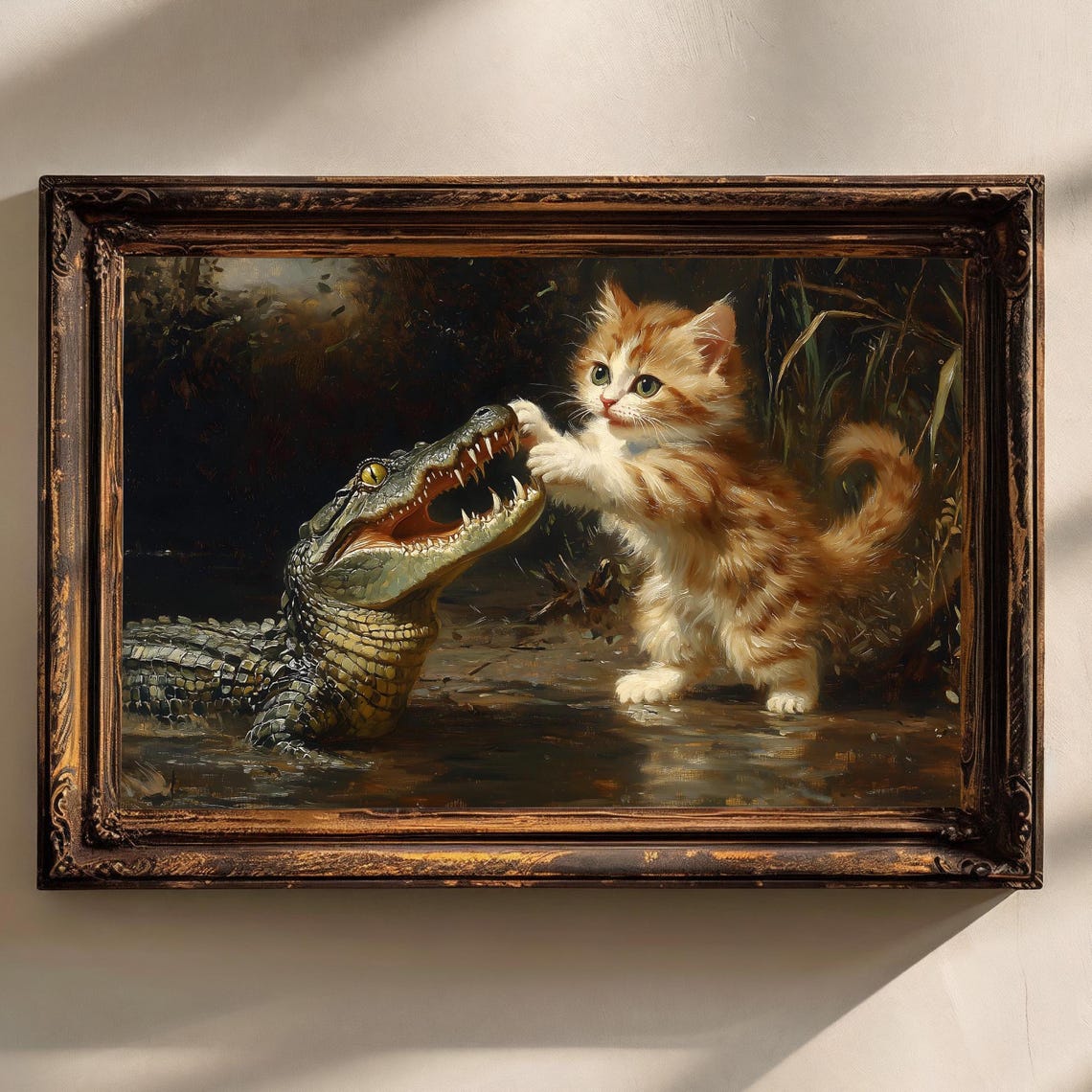 Fluffy Kitten Playing With Alligator Funny Vintage Oil Painting Poster - Image 2
